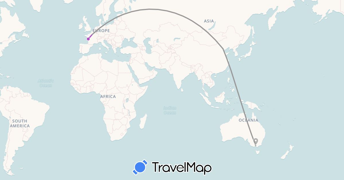 TravelMap itinerary: plane, train in Australia, China, France (Asia, Europe, Oceania)